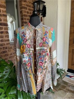 Aratta Brown Teal & White Mixed Print Blouse